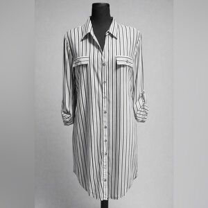 Mlle Gabrielle Striped Button Down Shirt Dress Roll Tab Sleeves Size XL